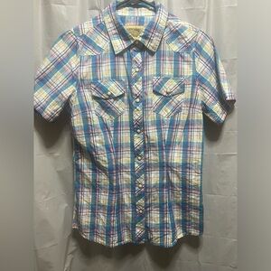 Rustic Ridge Blue/Purple/Yellow Plaid Western Button-up w/ Pearl Snap size Small